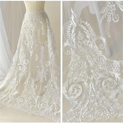 130cm*1yard flower embroidery tulle Lace Fabric for wedding dress Raw white african lace embroidered branches applique 2019