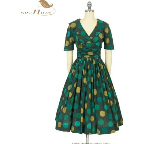 2021 Retro Vintage Rockabilly Dress Green Polka Dot Printed V Neck Half Sleeve Ruched Pin Up 40s 50s 60s Party Dresses VD1695
