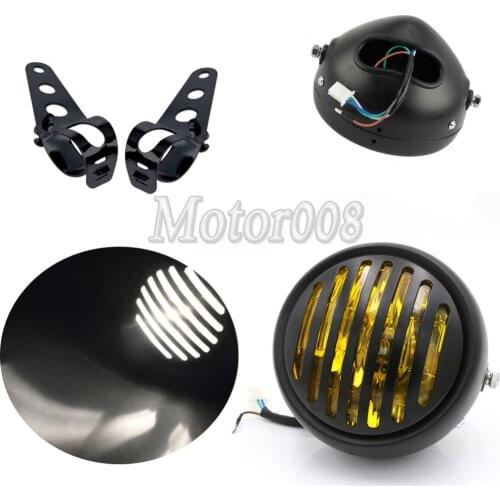 Amber 6 1/2" Motorcycle Grill Side Mount Headlight /W 28-36mm Bracket Mount For Honda Custom Harley Racer Honda Yamaha Suzuki
