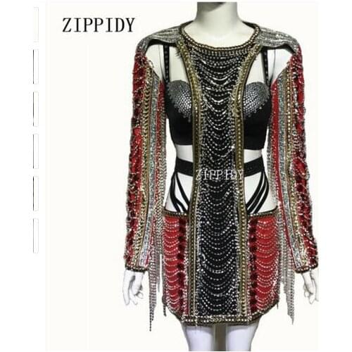 Sparkly Black Red Rhinestones Dress Sexy Stage Wear Chains Design Crystals Costume Female Singer Performance Outfit