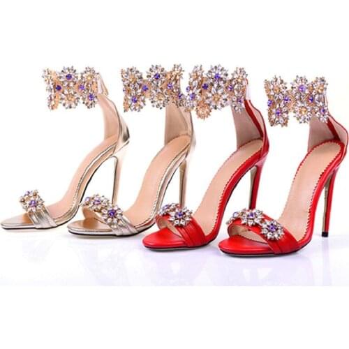 Summer New Fashion Rhinestone Crystal Flowers Roman Sandals Banquet Dress Large Size Stiletto Heels All-match Womens Shoes