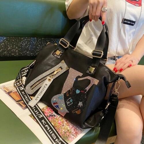 Brand Quality Soft Leather Diamonds Handbag for Women Famale Fashion Casual Luxury Designer Zipper Big Capacity Messenger Bag