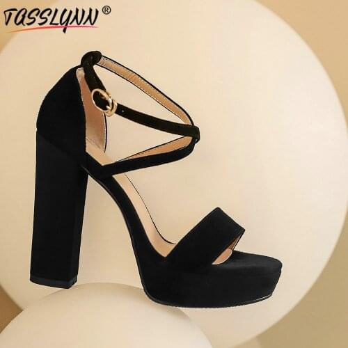 TASSLYNN 2021 Summer Office & Career Shoes for Women Sandals Buckle Strap Kid Suede Mature Thin Heels Platform Sandals