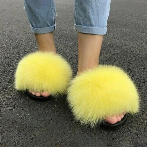 Fur Slippers Female Summer Ladies Flip-Flops Cute Fluffy Plush Home Sandals Wear-Resistant Outdoor Flat-Bottomed Fox Fur Slipper