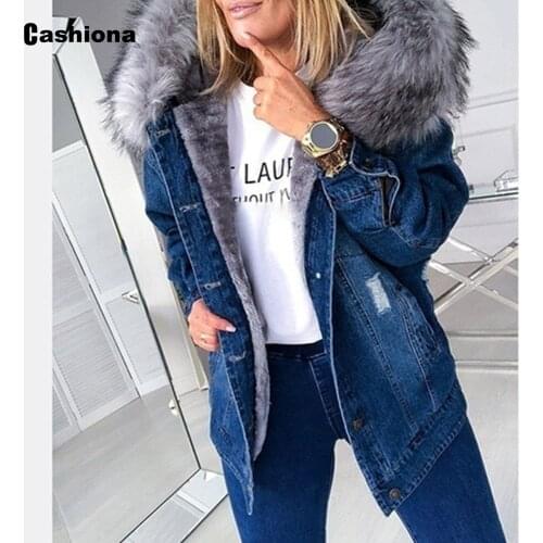 Cashiona 2021 Spring Autumn New Demin Jackets Plus Size Women Fur Hooded Coats Jean Demin Outerwear Plus Velvet Womens Clothing