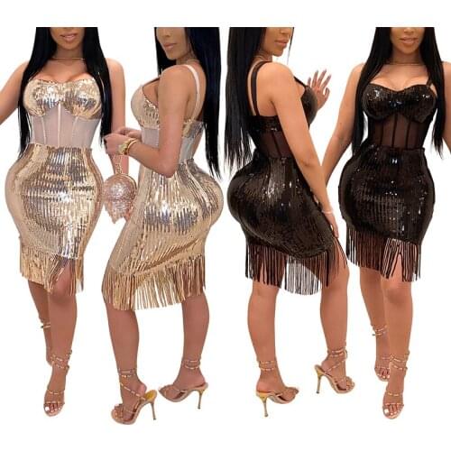 Sexy Womens Halter Tassel Dress Sequin Bodycon Dress Night Club Party