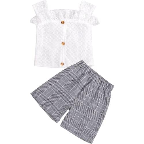 Infant Kids Baby Girls Casual Two-piece Clothes Set, White Square Collar Vest and Plaid Printed Pattern Shorts 1-6T