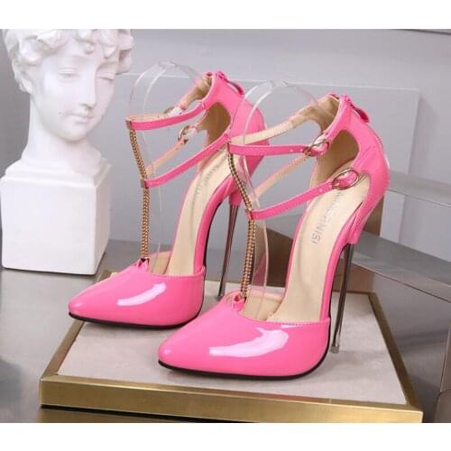 Roman Style High Heels 16cm Chain Decoration Ankle Strap Pumps Shoes For Women Stiletto Heel Show Model Female Shoes PU Leather