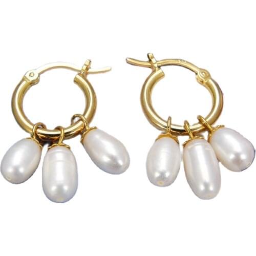 JK Natural Pearl White Rice Pearl 14K Gold Color Plated 925 Silvers Circle Hook Earrings Fashion Lady Jewelry