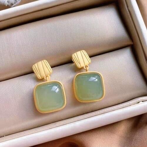 Earrings Lady Temperament Short High-Grade round Face Suitable Hetian Gray Jade Earrings Geometric Sterling Silver Gold Stud Ear