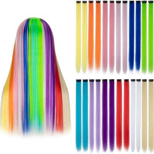 SARLA Clip-on Hair Extension Colorful Synthetic Long Hairpieces For Girl Straight Pink Blue Fake Hair 19 Inches 12 Pieces/Bag
