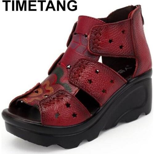 TIMETANG Women Sandals Genuine Leather Casual Women Shoes Fashion Mother Shoes Wedges Sandals Ladies Shoes Summer Sandals