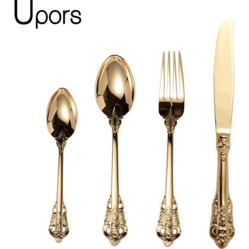 Upors 4Pcs High Quality Cutlery set Luxury Travel Golden Stainless Steel Cutlery Knife Fork Dinner Servies Dinnerware Sets
