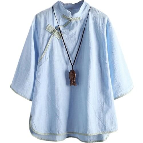 National Style Oblique Button Stand Collar Vintage Blouses For Women Casual Loose Cotton Linen Shirt Half Sleeve Chinese Blusas