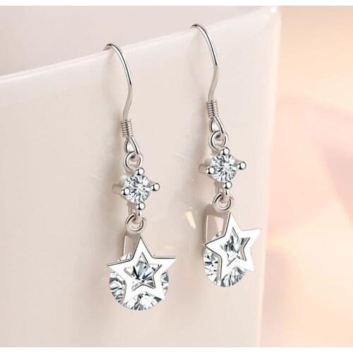 925 Sterling Silver Crystal Star Piercing Drop Earring For Women Girls Wedding Party Elegant Jewelry Oorbellen eh957