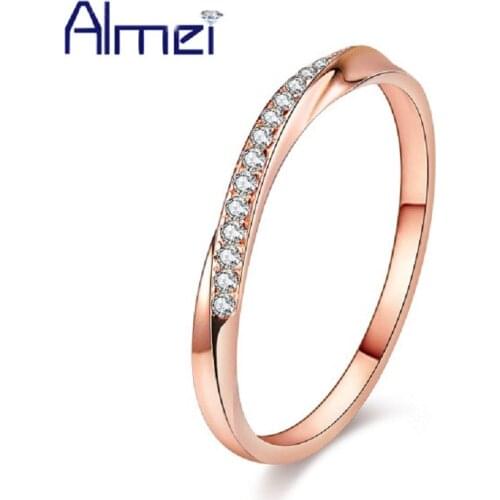 Almei 40%Off Simple Sterling Silver 925 Rings For Women Rose Gold Color Ring Cubic Zirconia Jewelry Dropshipping With Box LJ044
