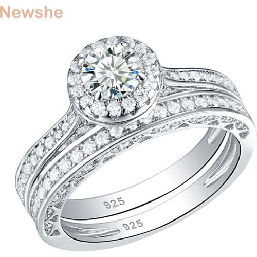 Newshe 2 Pcs Halo Wedding Ring Set Solid 925 Sterling Silver 1.6 Ct Round AAA CZ Classic Jewelry Engagement Rings For Women