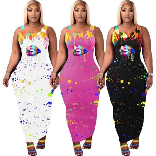 S-5XL Plus Size Dress Women Lips Tie Dye Print Fashion Round Collar Streetwear Summer Maxi Dresses 2021Wholesale Dropshipping
