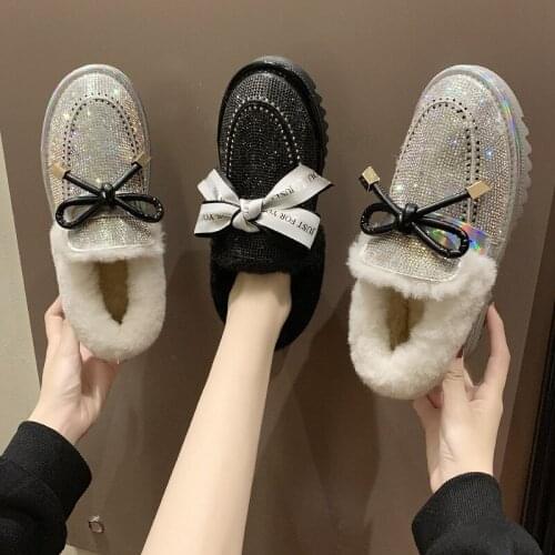 Fashion Snow Boots Winter The New Butterfly-Knot Slip-On Round Toe Low (1cm-3cm) Wedges Plush Bling Keep Warm High Quality Flock