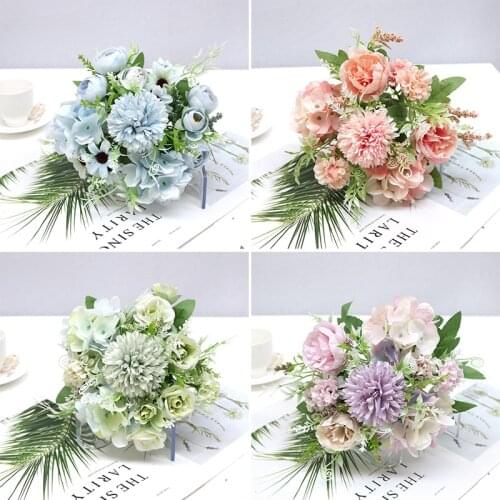 1 bunch of artificial flowers, various silk rose bouquets, hydrangea peony, vintage bride holding fake flowers, family wedding