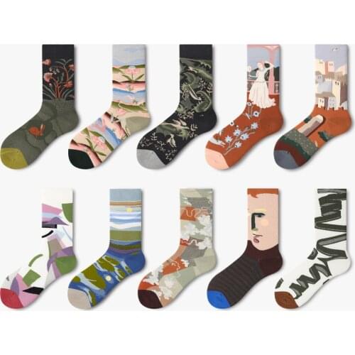 2020 Retro Art Couple Socks Cotton Harajuk Women Socks Funny Pattern Long Socks High Stretch Mid Crew Men Socks носки Fit 36-43