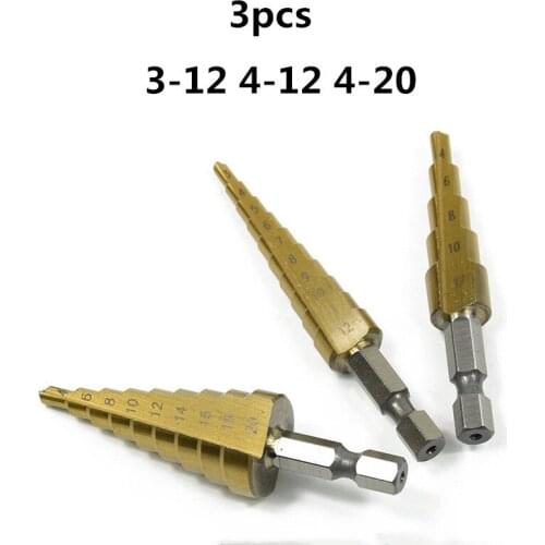 3pcs HSS Steel Titanium Step Drill Bits 3-12mm 4-12mm 4-20mm Step Cone Cutting Tools Steel Woodworking Wood Metal Drilling