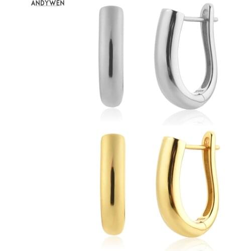 ANDYWEN New 925 Sterling Silver Gold Ovals Plain Huggies Piercing Hoope Earring Clips New 2021 Wedding Jewelry Pendientes