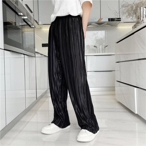 Summer Pleated Pants Mens Fashion Black Casual Pants Men Streetwear Loose Hip-hop Straight Wide-leg Pants Mens Trousers M-XL