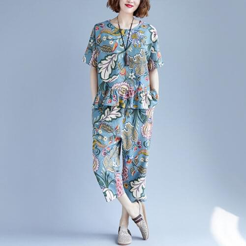 Floral Vintage Women Sets 2021 Summer New O-neck Ruffles T-shirts and Wide Leg Straight Calf Sleeved Pants Female Pant Suits