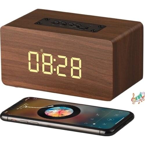 Bluetooth Speaker Digital Alarm Clock Wooden, V4.2 Wireless 6W Dual Driver Speakers, 1500 mAh, LED Time Display, TF Card Aux
