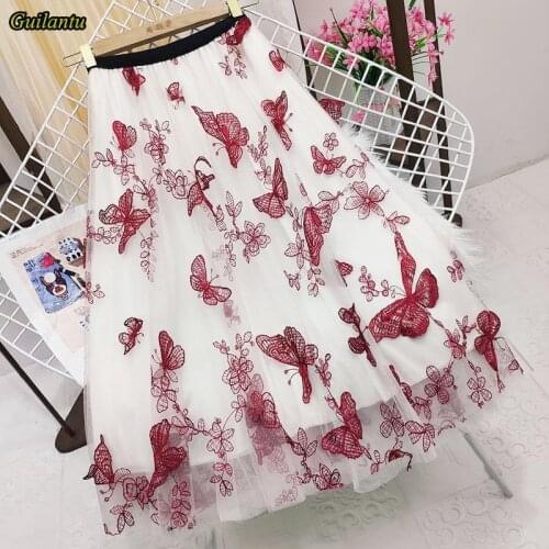 Guilantu Summer Embroidery Butterfly Mesh Cute Skirt Women Korean Fashion High-waisted Casual A Line Tulle Long Skirts Female