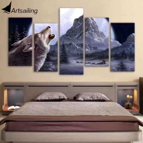 HD Printed The Wolf howl moon mountain Painting 5 piece Canvas art Print room decor print poster picture Free shipping/ny-4509