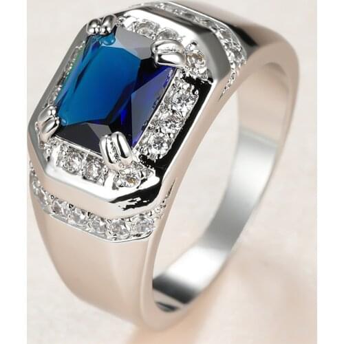 Punk Male Female Blue Crystal Stone Ring Charm Silver Color Wedding Rings For Women Vintage Bride Square Zircon Engagement Ring