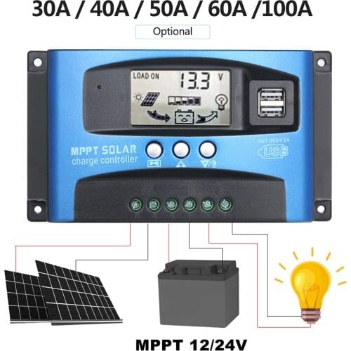 30A 40A 50A 60A 100A MPPT Solar Charge Controller Dual USB LCD Display Auto Solar Cell Panel Charger Regulator High Efficiency