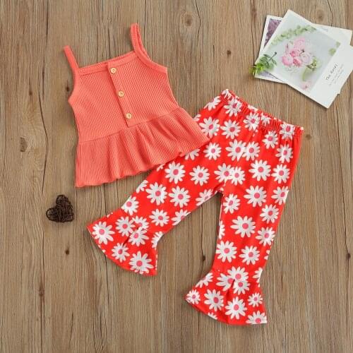 New Arrivals 1-6T ChildrenS Baby Girl Trendy Fashion 2-Piece Suit Sleeveless Pit Strip Blouse + Daisy Print Bell Bottom Suit