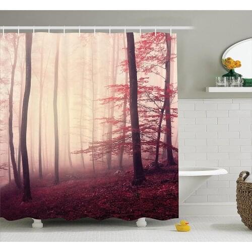 Fall Shower Curtain Woodland Decor Fantasy Marsala Color Foggy Forest Jungle Dreamy Wilderness Woods Sunlight Bath Curtains