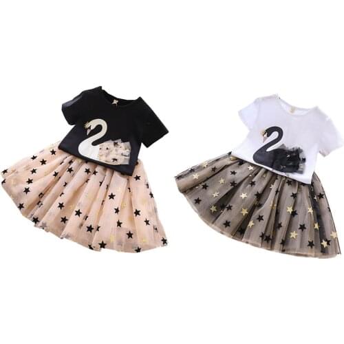 2-7Y Toddler Baby Girl Summer Clothing Princess Skirt 2pcs 3D Swan Short Sleeve T-shirt Top+Stars TulleTutu Skirt 2pcs Set