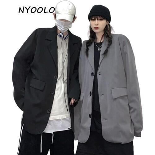 NYOOLO Casual Streetwear Classic Single Breasted Pockets Long Sleeve Oversized Blazer Jacket Women Men Clothes Autumn Outerwear