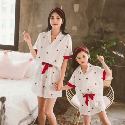 Girls' Pajama Short Sleeved Shorts Suit Summer Silk Family Pajamas Mother and Daughter Silk Pajamas Clothes Mama Baby Sleepwear