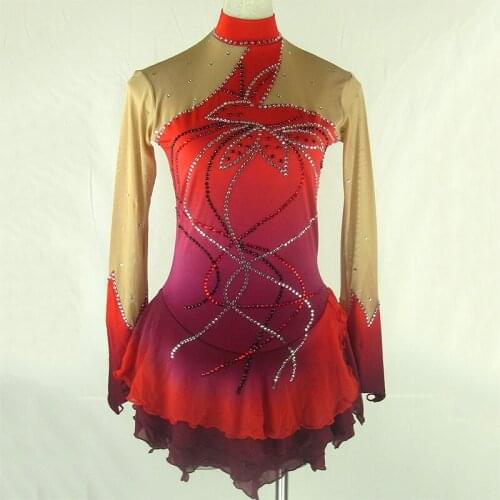 Customized Figure Skating Dress Spandex Material Red Color Rhythmic Gymnastics Leotard Handmade Dance Ice Skating Girl