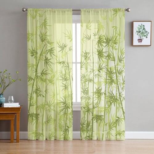 Green Bamboo Leaves Sheer Curtains for Living Room Tulle Curtain for Bedroom Kitchen Window Voile Curtains
