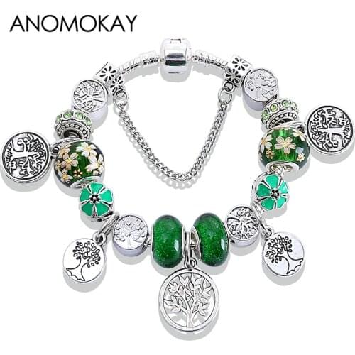 Dropshipping Vogue Tree of Life Pendants Bead Bracelet & Bangles Green Crystal Enamel Diy Charm Bracelet for Women Gift