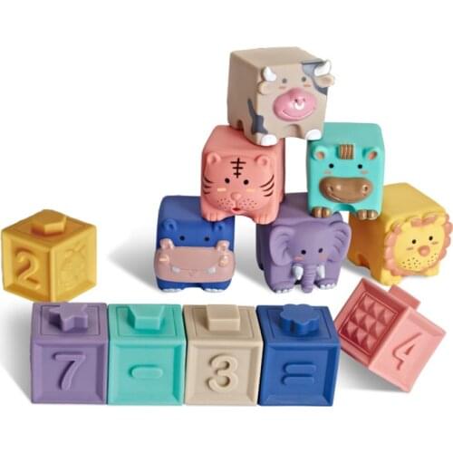 Silicone Building Blocks for Baby Teethers Toys Soft 3D Cartoon Animal Number Early Education Puzzle Bath Toy Boys Girls Gift