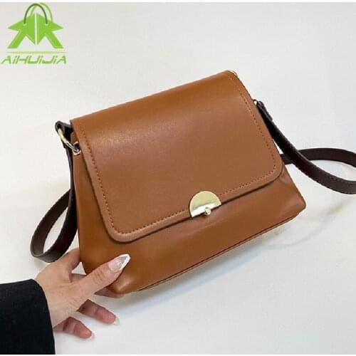 Retro Fashion PU Leather Crossbody Bag For Women 2021 Simply Solid Color Shoulder Messenger Bag Luxury Lady Travel Small Handbag