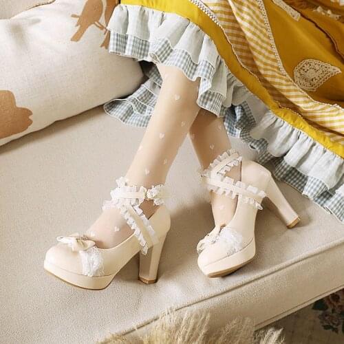 IPPEUM Girls Pumps Lolita Shoes Women Cosplay Party Platform High Heel Pink Mary Janes Shoes with Butterfly-knot