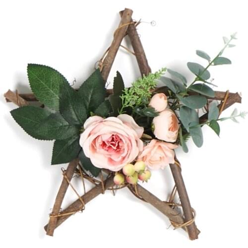 Artificial Flower Wreath Wall Door Hanging Decor Wooden Pentagram Wedding Fake Home Silk Cloth Garland Eucalyptus Leaf Pendant