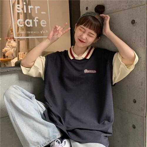 Summer college style POLO collar color-blocking fake two-piece half-sleeved mid-length loose cotton t-shirt for women