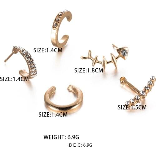 ALIUTOM Punk Fishbone Crystal Stud Earring Set for Women Fashion Gold Brincos Accessories Ear Clip Jewelry