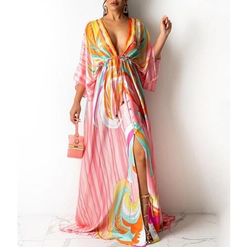 2021 New Women Gorgeous Print Hem Maxi Dress Summer Boho Deep V Button Party Dresses Elegant Slit Elastic Waist Beach Long Dress