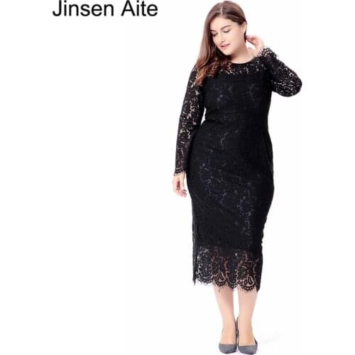 Jinsen Aite 2018 New Spring Plus Size XXL-6XL Elegant Hollow Out Lace Dress Women O-Neck Slim Party Evening Long Dresses JS144